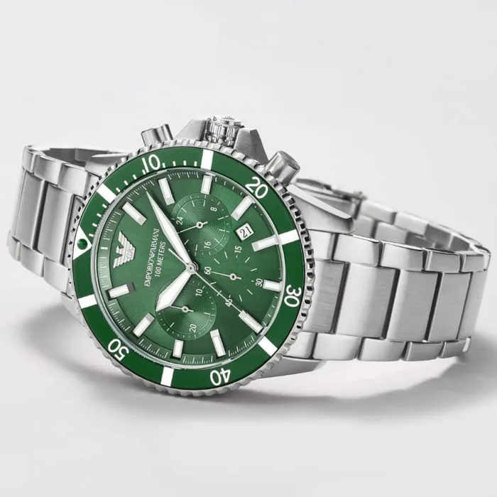 Emporio Armani Diver Chronograph Green Dial Silver Steel Strap Watch For Men - AR11500 - Image 4